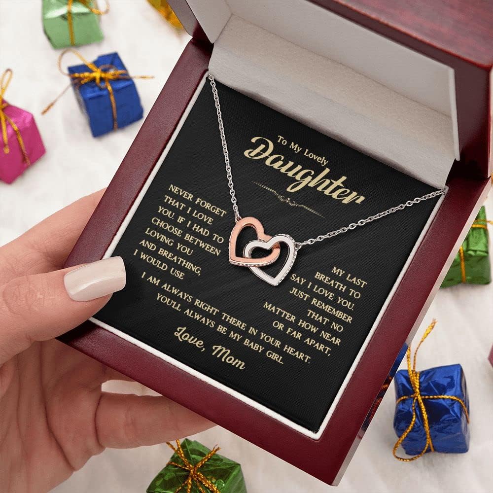 Custom Heart Necklace For Daughters from Father Mother, Personalized Jewelry Birthday Gift, Beautiful Pendant to Women Girls, Christmas Daughter Love Necklaces Gifts From Mom Mum Dad to Girl (Interlocking Heart, Luxury Box with LED)