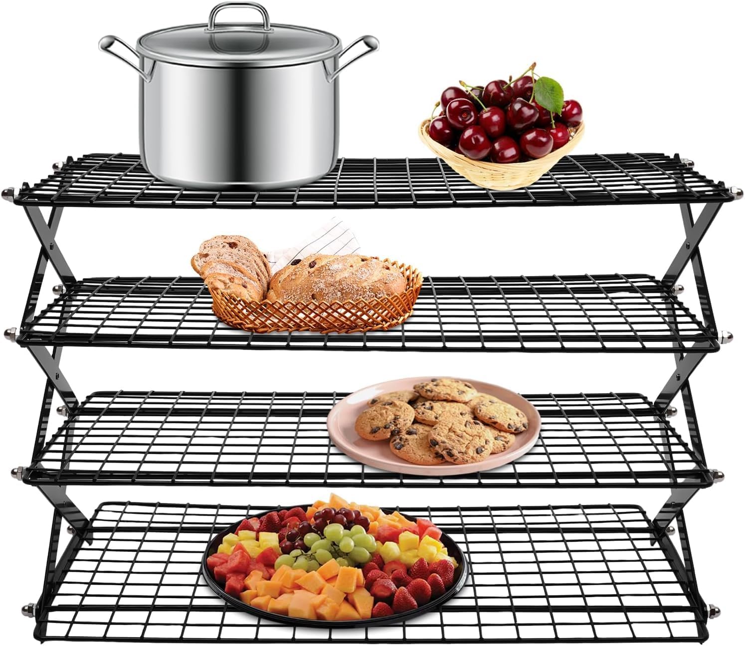 Collapsible Cooling Rack 16" x 10" Adjustable 3 Setting Stackable Non-Stick Wire Rack for Baking Roasting, Cookies, Cakes, Drying, Picnic & BBQ, Each Tier Holds 22 Lbs