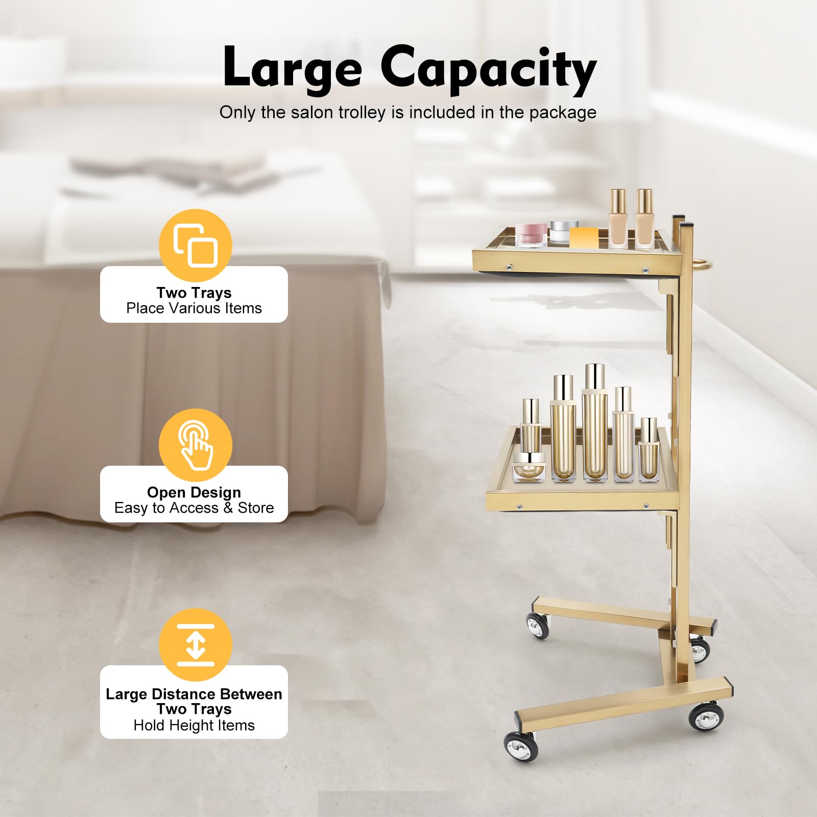 OUKANING Friseurwagen Gold 2 Etagen, Edelstahl mit Rollen, Hairstyling Trolley Standwagen, klappbar