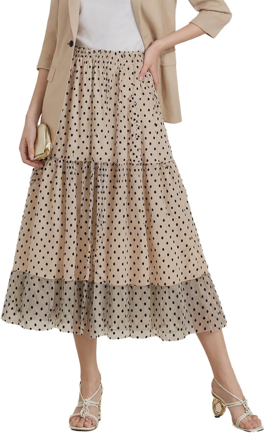 Womens Polka Dot Tulle Skirts High Waist Layered Mesh Skirt Printed Midi Fairy Skirts Party Prom Pleated Tulle Skirt