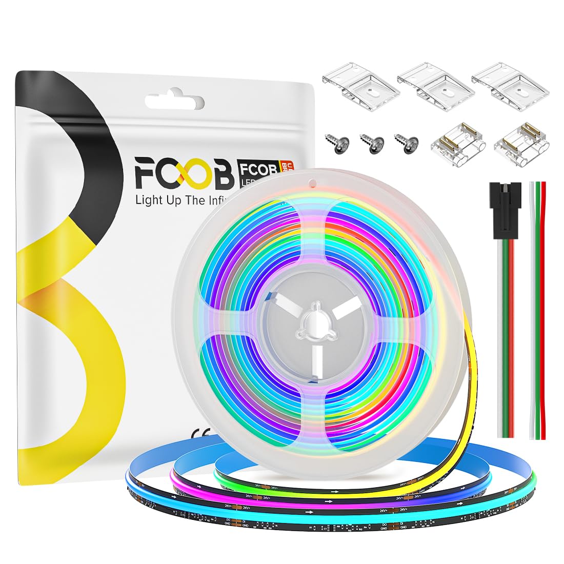 FCOB COB WS2811 IC RGB Direccionable Tira LED 5m DC24V 630LEDs/m 70IC 10mm | Negro PCB Cambio de color Regulable Flexible de Alta Densidad Uniforme para DIY(No Alimentación Controlador)