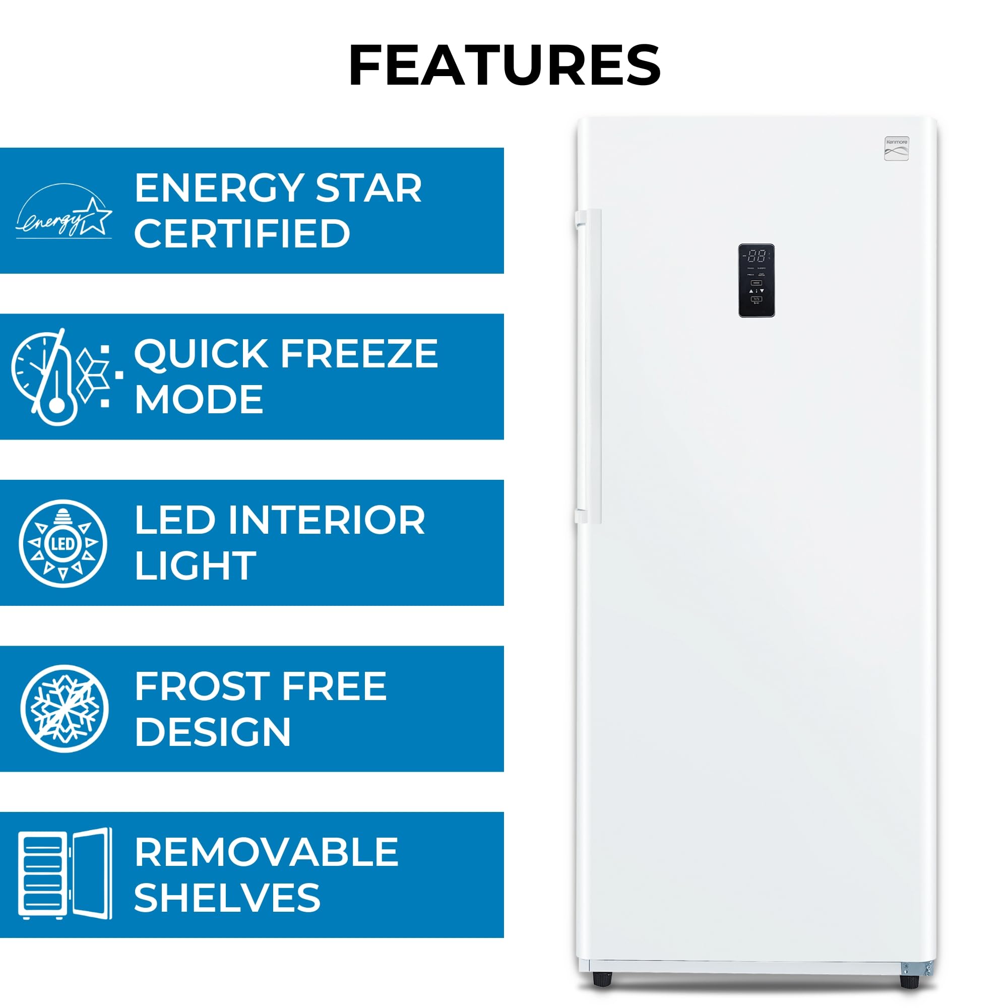 "Kenmore Upright Freezer - Convertible Refrigerator/Freezer, 4 Shelves, Garage Ready, Meat Storage, Auto Defrost, Congelador For Home, Apartment, Cottage, Basement, 17.0 Cubic Feet Capacity, White " on Fridge.com - View 2