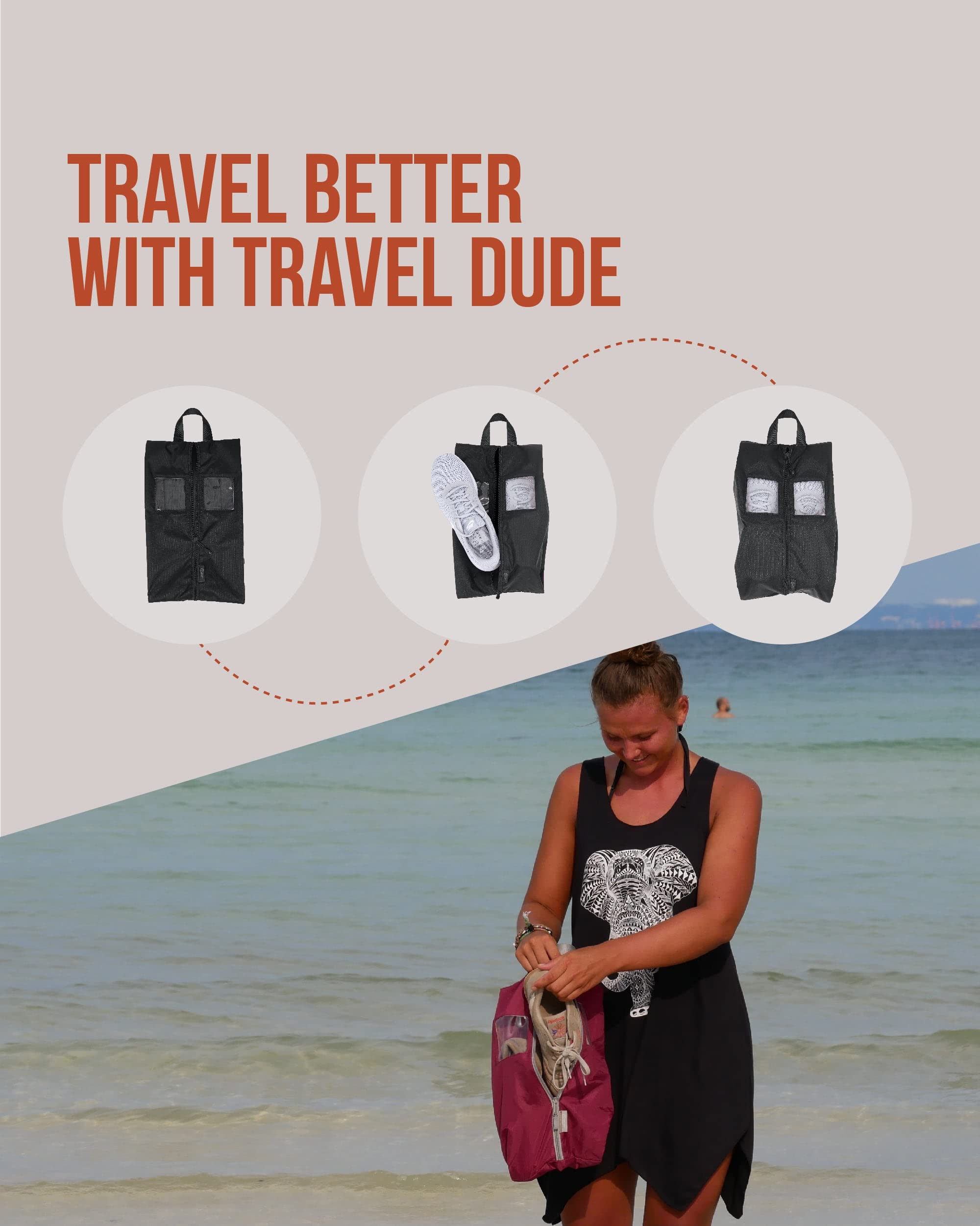 TRAVEL DUDE Zestaw kostek do pakowania z kompresją z butelek plastikowych z recyklingu, lekkie kostki do pakowania, zestaw toreb i organizer do bagażu, torby na ubrania (Czarny, Zestaw worków na buty)
