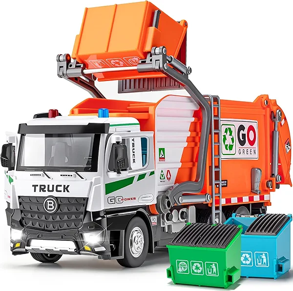 HAPYAD AUTO-Lift Function Garbage Truck Toys Metal Cab, Trash Truck Toy Set with Lights and Sounds Includes 3 Dumpsters, Birthday Gift for Kids Boys Toddlers (Orange)