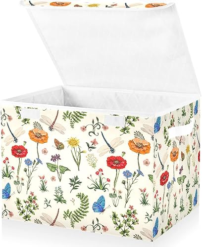 senya Contenedores de almacenamiento grandes con lino de verano, libélulas, mariposas, amapolas, flores, cubos de almacenamiento plegables de tela,