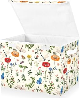 senya Large Storage Bins with Linen Summer Dragonflies Butterflies Poppies Flowers Collapsible Foldable Storage Cubes Fabric Closet Organizer Containers Box with Flip-Top Lid for Home Bedroom Office