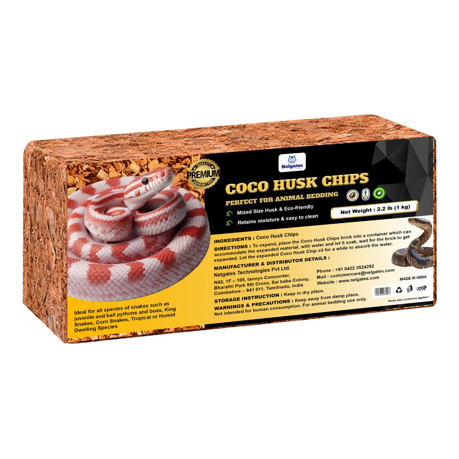 Nelgates Coco Husk Block for Animal Bedding Pet Products Dogs, Cats Reptiles Snakes Chicken Birds 1kg