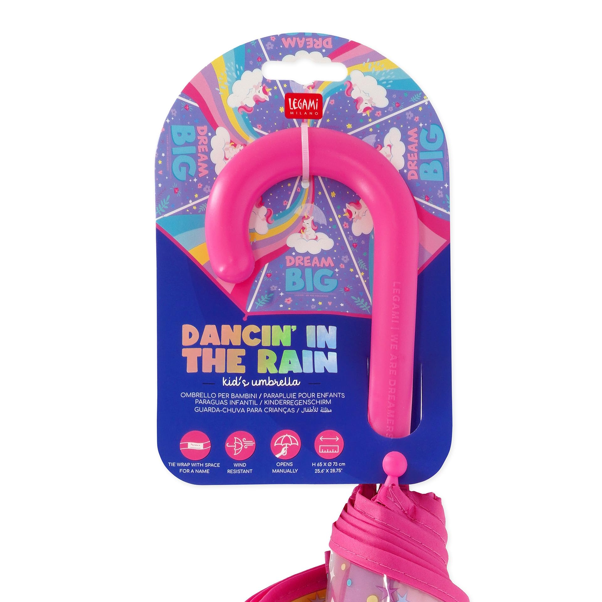Legami - Ombrello per Bambini Dancin' In The Rain, Tema Unicorn, Struttura Antivento, Apertura manuale, Chiusura in Tessuto con Spazio per Nome, Impugnatura a Gancio, 73x65 cm