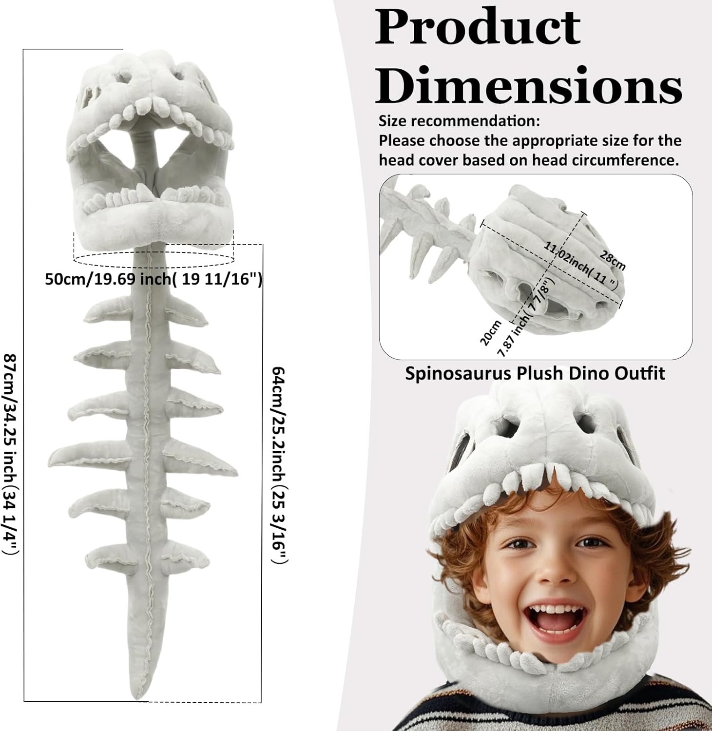 Spinosaurus Plush Dino Outfit 3D Skull Headpiece with Plush Spine Wearable Dinosaur Skeleton Great for Dress-Up - Image 2