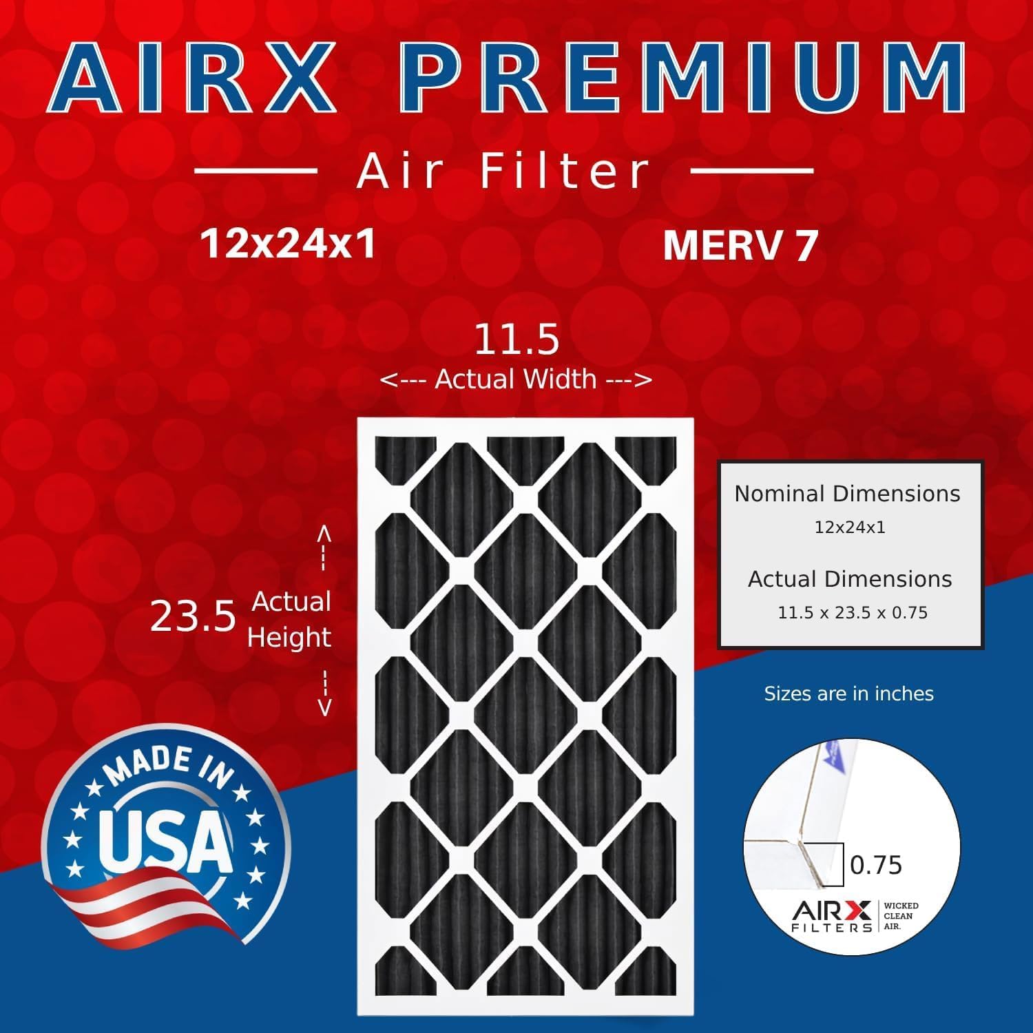 AIRX FILTERS WICKED CLEAN AIR. 12x24x1 Air Filter Odor Eliminator Carbon Filter MERV 7 AC HVAC Furnace Filters 6 Pack