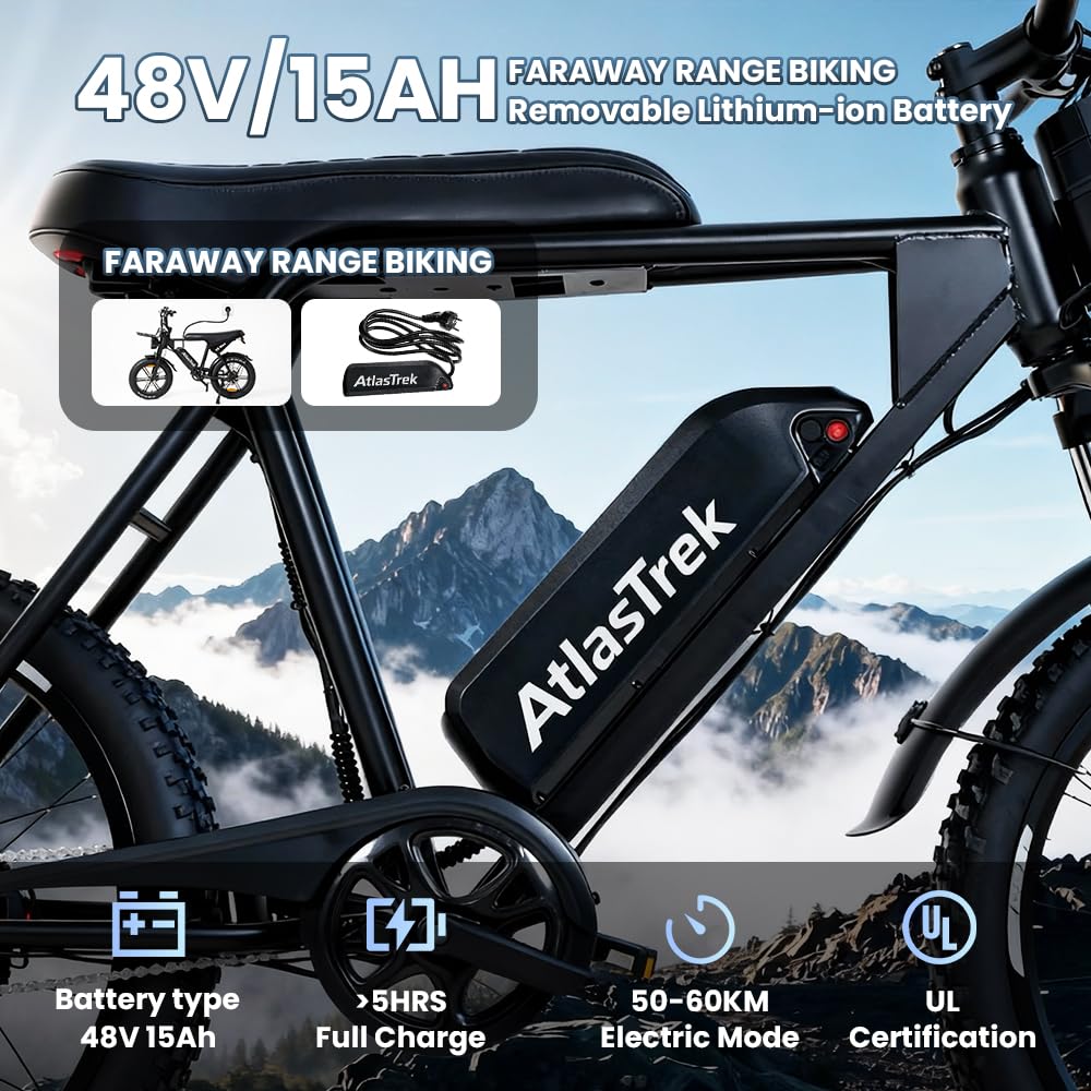 Vélo électrique, 48 V 15 Ah batterie amovible, portée maximale de 80,8 km, vitesse maximale de 25 km/h, vélo électrique à gros pneus de 50,8 cm pour adultes, vélos électriques pour trajets quotidiens
