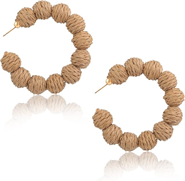 Yolev Rattan Earrings Retro Rattan Ball Big Hoop Earrings Handmade Lightweight Geometric Circle Shape Boho Straw Wicker Raffia Earrings Summer Beach Dangle Earrings for Women Girls