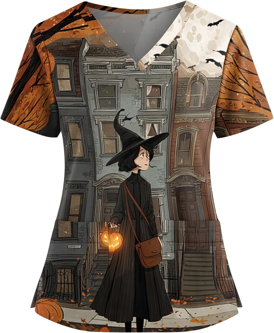 Women's Halloween Tops, Short Sleeve V-Neck Cute Holiday Shirts with Pockets, S-5XL