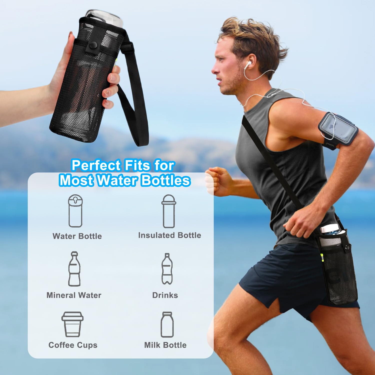 JOOTUEPO Water Bottle Carrier Bag, Portable Durable Mesh Holder for Hiking Travelling, Camping, Gym and Other Outdoor Activities - Image 4