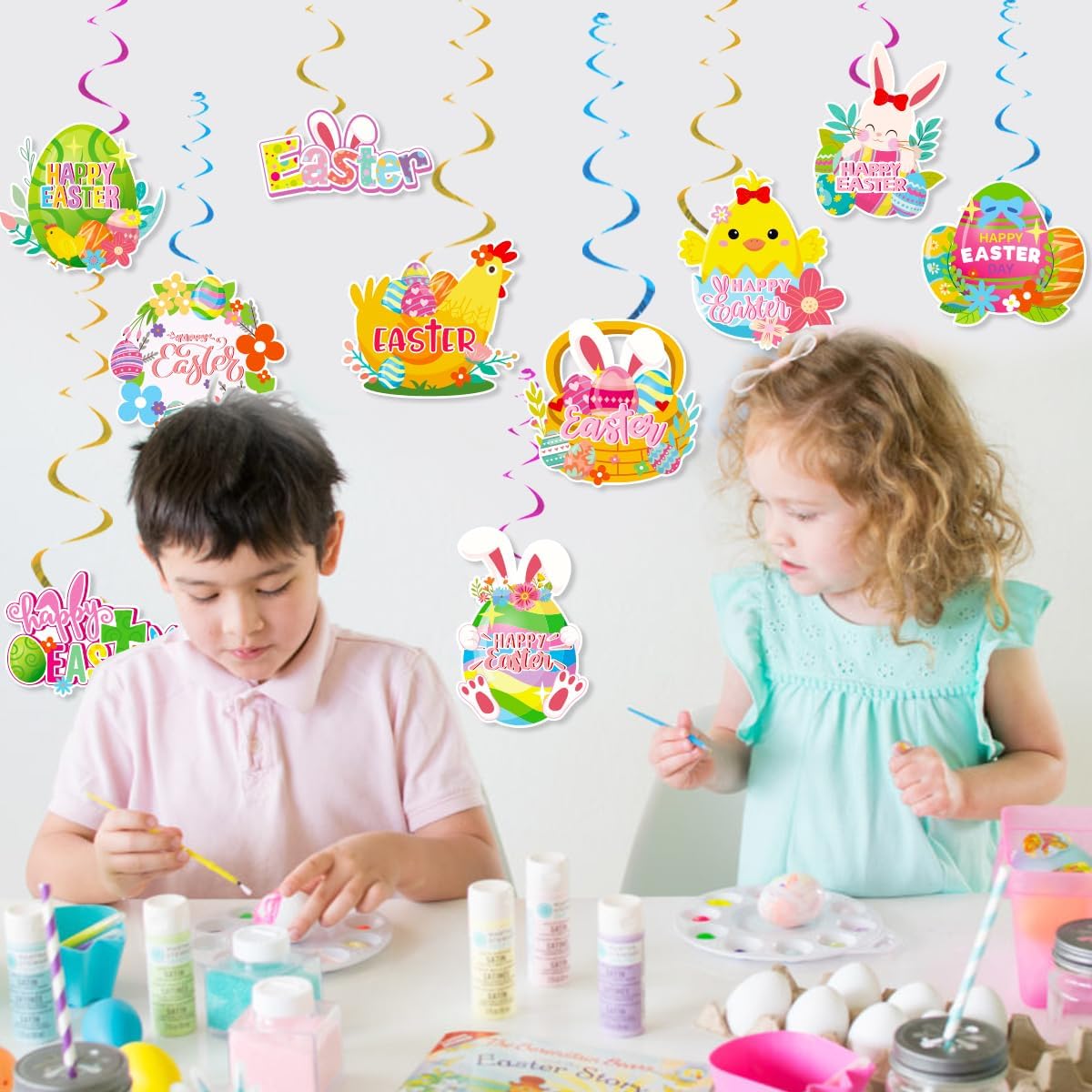 Easter Themed Party Decorations, Happy Easter Banner, Rabbit Egg Backdrop Tablecloth, Bunny Foil Balloons, Cake Topper, Printed Latex Balloons, Hanging Swirls for Home Office School