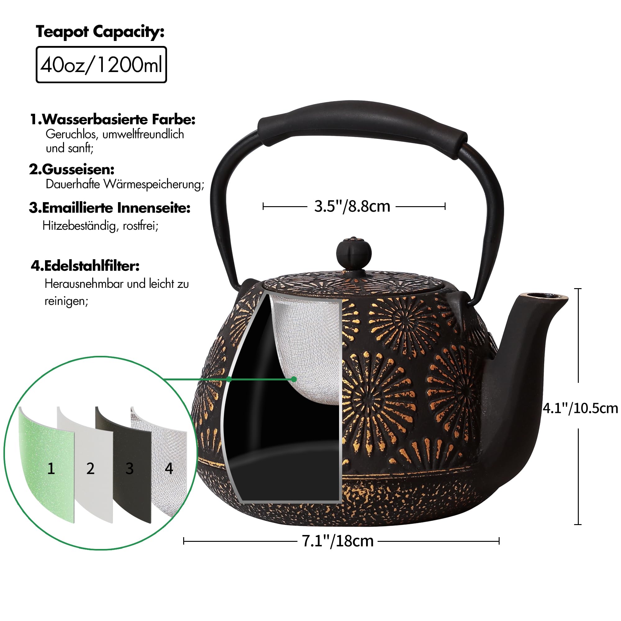 Teekanne aus Gusseisen, 1200 ml, großes Fassungsvermögen, Teekessel mit Teesieb für Herdplatte, japanische Teekanne für lose Blätter, beschichtet mit emaillierter Innenseite, Silikongriff,