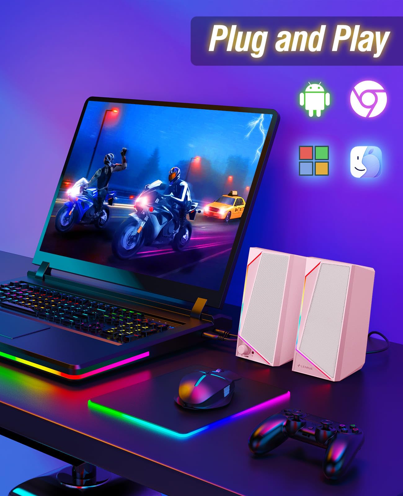 LENRUE Altoparlanti per computer, audio AUX alimentato tramite USB/USB-C per altoparlanti del PC con suono stereo forte, ingresso cuffie, luci touch per desktop, computer, laptop, scrivania