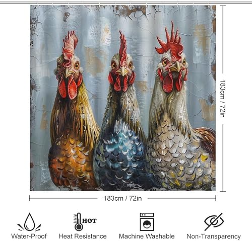 Miniatura 2 de Juego de 4 piezas de baño retro de pollo con cortina de ducha, alfombras de granja, animales naturales, decoración de baño con alfombras