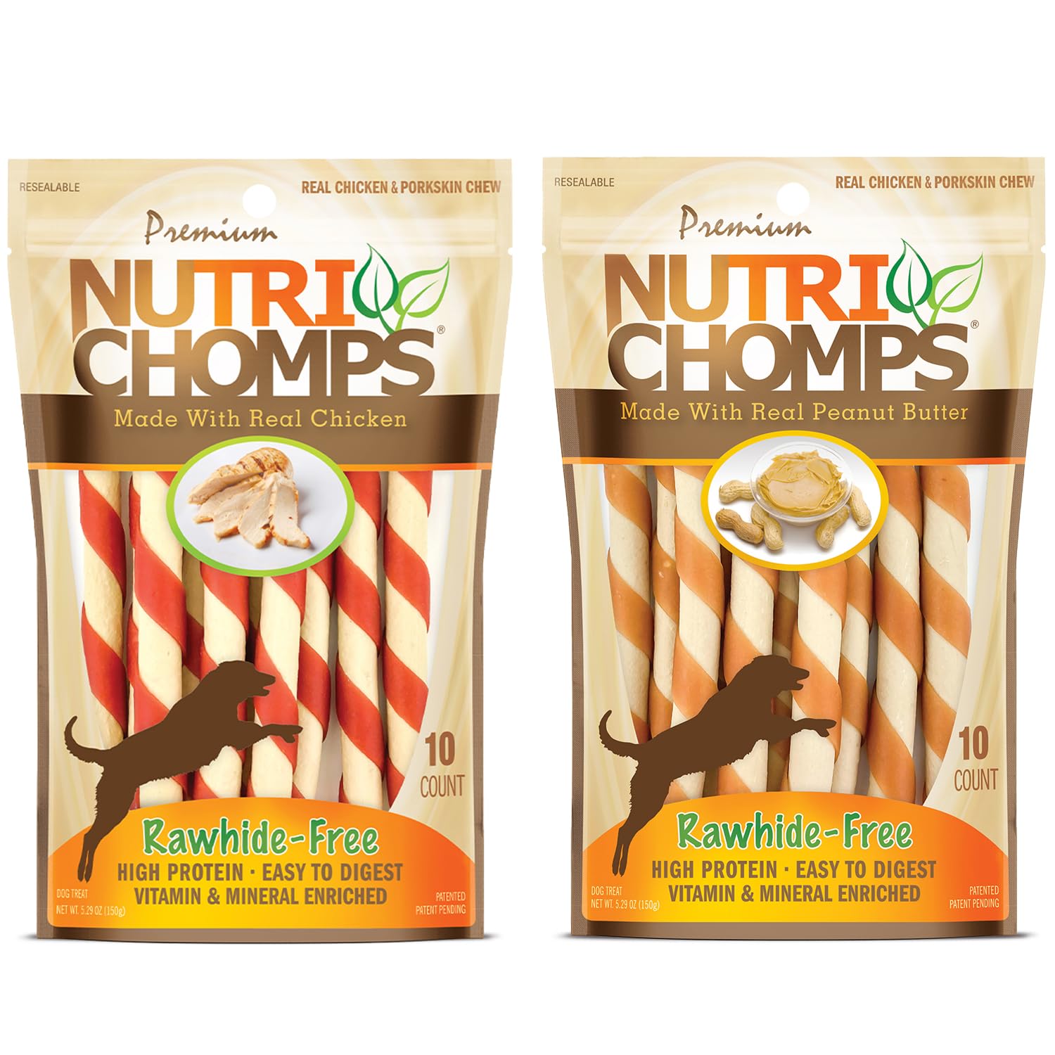 NutriChomps Dog Chews 5-inch Twists, Easy to Digest, Rawhide-Free Dog Treats, Real Peanut Butter Flavor & Real Chicken Flavor (NT112V) - 10 Count (Pack of 2)