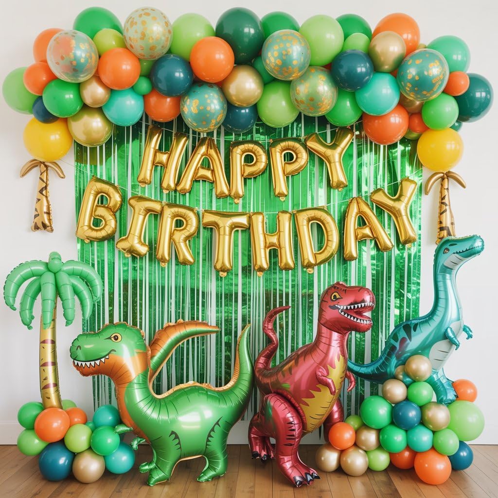 Dinosaur Balloons, 12 Inch Dark Green Teal and Orange Balloons, Metallic Gold Fruit Green Gold Confetti Balloon with Ribbons for Boys Baby Shower Jungle Safari Birthday Party Decorations - Image 4