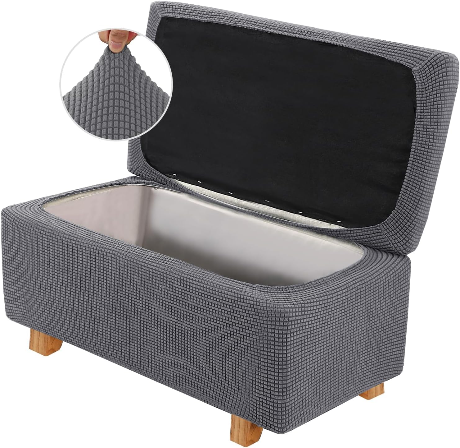 LINGKY 2 Piece Stretch Ottoman Cover Folding Storage Stool Cover Rectangle Foot Rest Slipcover with Elastic Bottom, Checks Spandex Jacquard Fabric (Grey,Large)