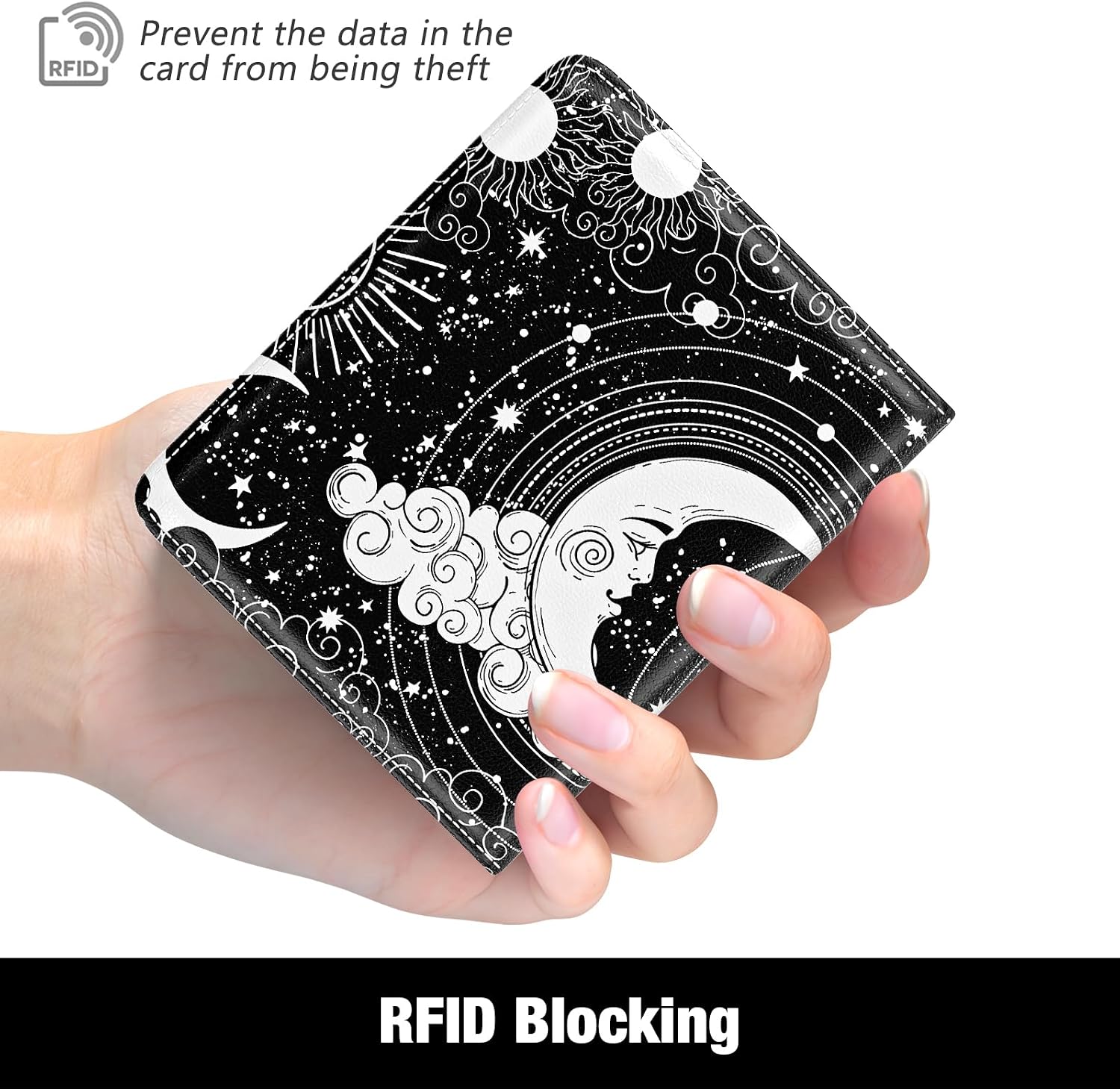 Rouidr Womens Wallet, RFID Small Slim Wallet for Women, Cute Bifold Leather Pocket Credit Card Holder Ladies Mini Purse with Zipper Coin Pocket & ID Window, Abstract Sun