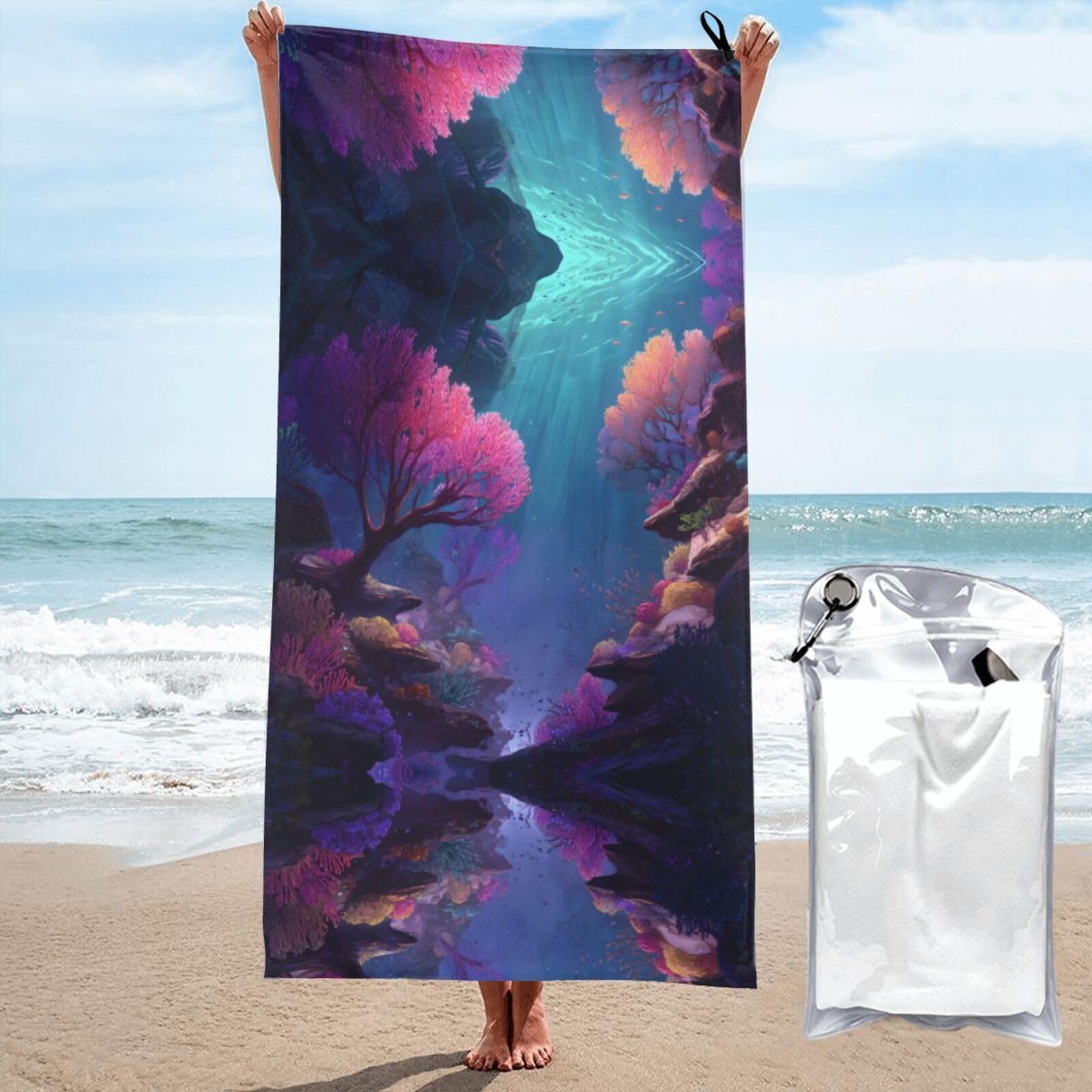 ESNAIUVCD Reef Print Beach Towel, Microfibre Sauna Towel, Quick-Drying Fitness Towel, Lightweight And Thin Portable Sauna Towel