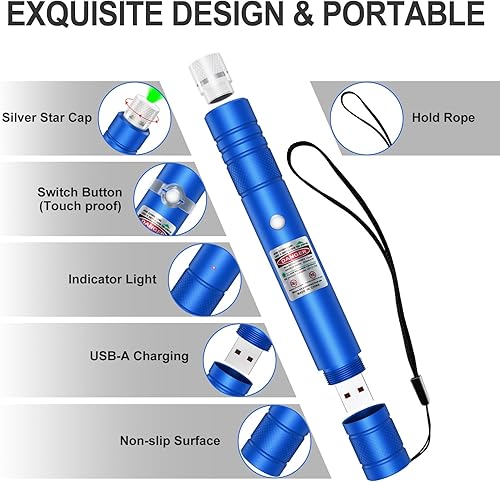 Miniatura 4 de Puntero láser verde de alta potencia con carcasa azul, puntero láser verde recargable potente para presentaciones de pantalla de TV, haces láser