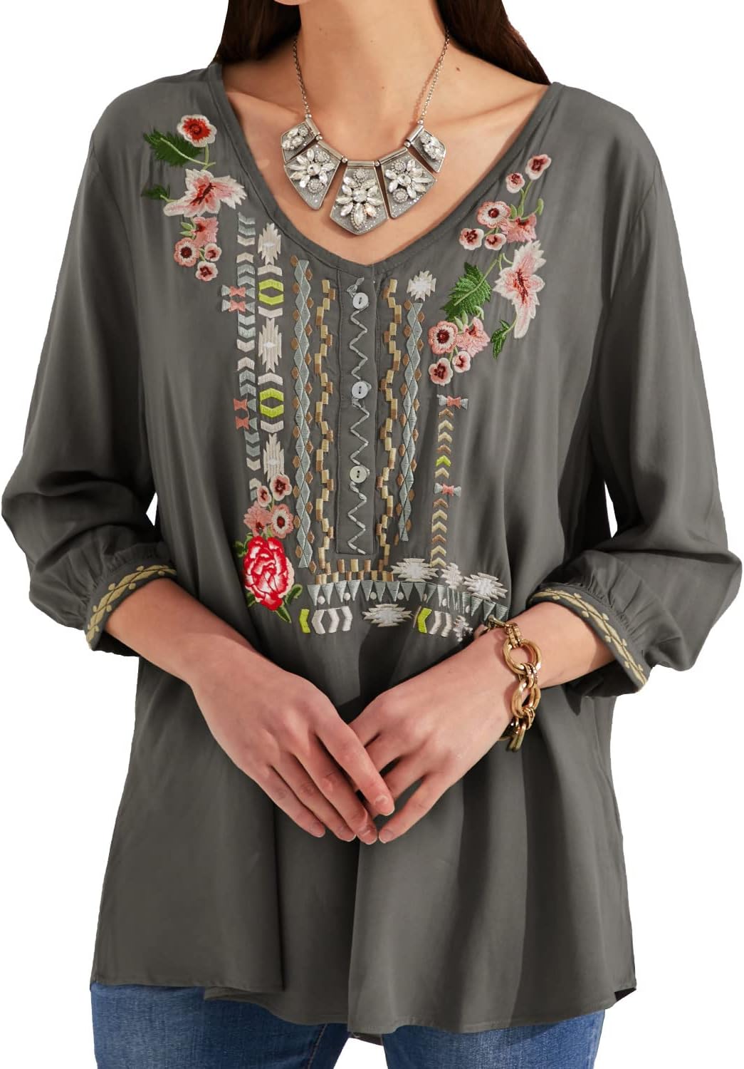 Higustar Mexican Tops for Women Embroidered Shirts Bohemian Hippie Clothes Tunic Fiesta Plus Size Boho Peasant Blouses - Image 2