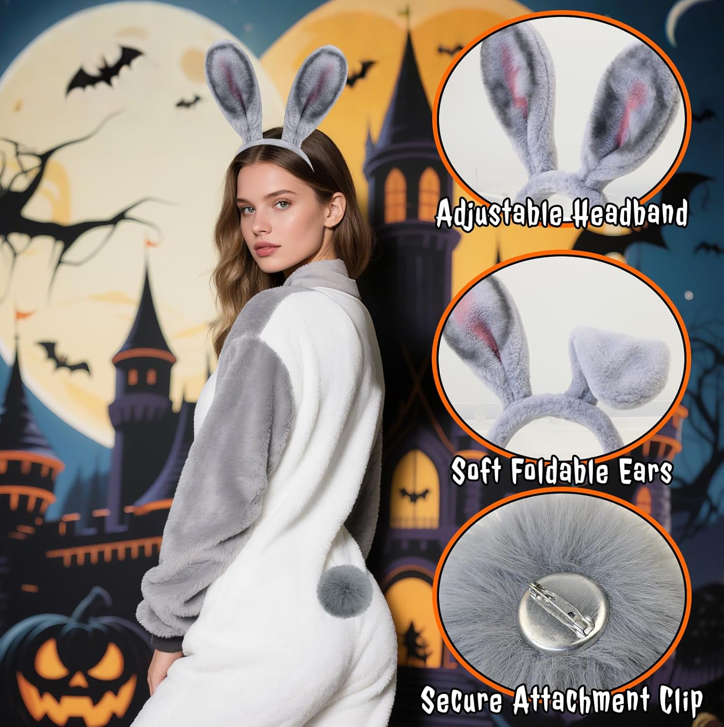 H-Style Gray Bunny Ears Headband and Tail Set for Bunny Costume Accessories Women Adult, Bendable Rabbit Ears for Halloween Cosplay Costumes - Image 3