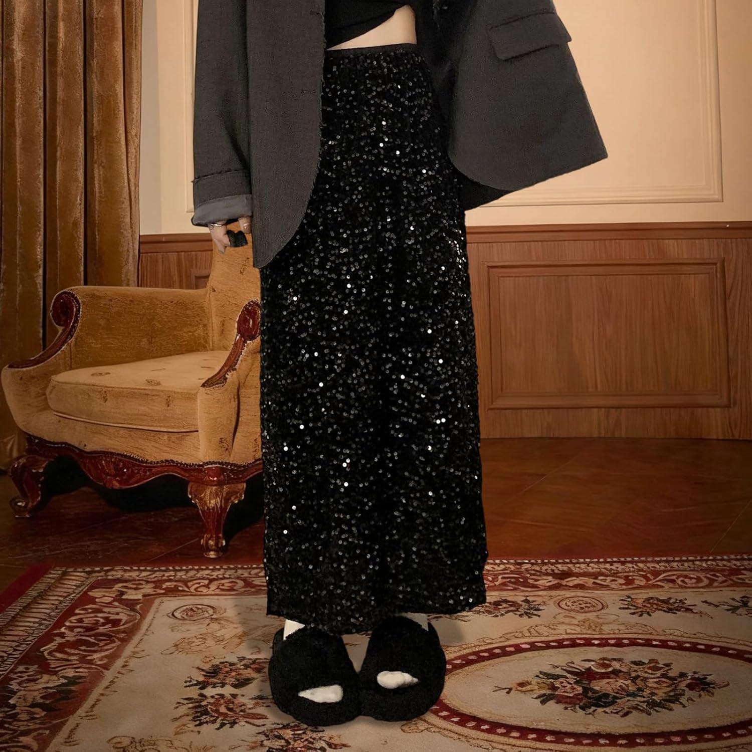 Women's Elegant Sparkly Sequin Midi Skirt Elastic High Waist Shiny Glitter Pencil Formal Party Long Skirt - Image 3