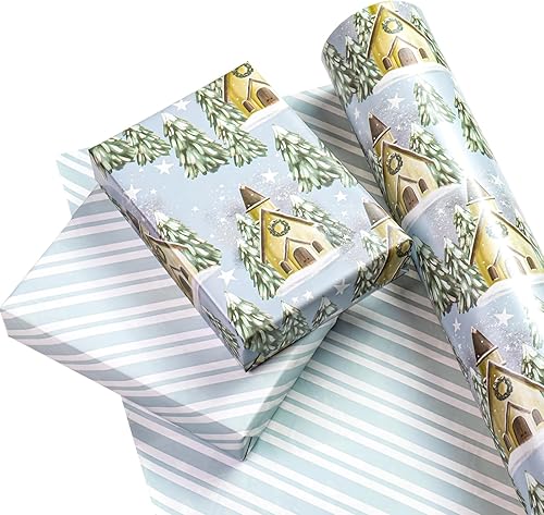 Vista 83 de WRAPAHOLIC Papel de regalo reversible de Navidad, mini rollo, 17 pulgadas x 33 pies, diseño de gnomo azul morado y cuadros con brillo metálico