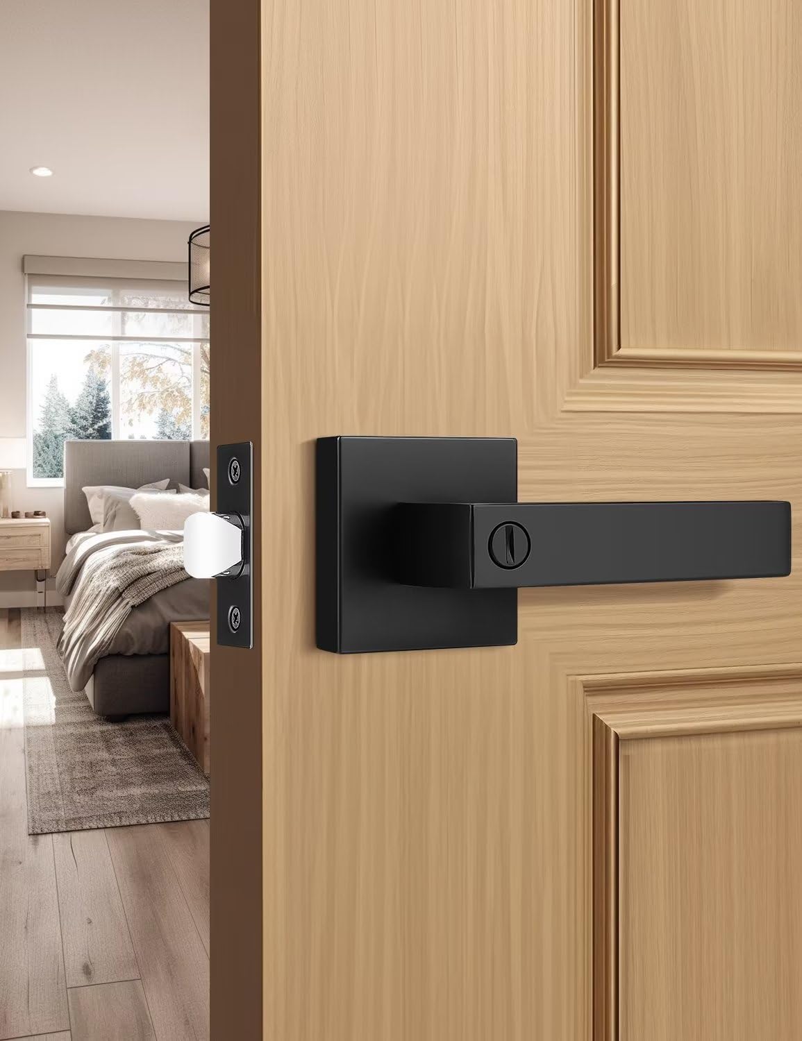 Tinewa 1 Pack Square Privacy Door Levers Locksets in Matte Black Finish, Bed/Bath Door Levers Keyless Interior Handles,Reversible for Left Right Handed Doors