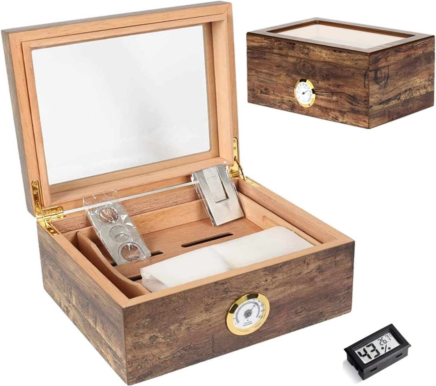 COMMODA Desktop Cigar Humidor Tempered Glasstop Front Mounted Hygrometer Humidifier Cedar Lined Storage Box Spanish Cedar Tray Divider Holds 20-50 Cigars Free Cutter Rack