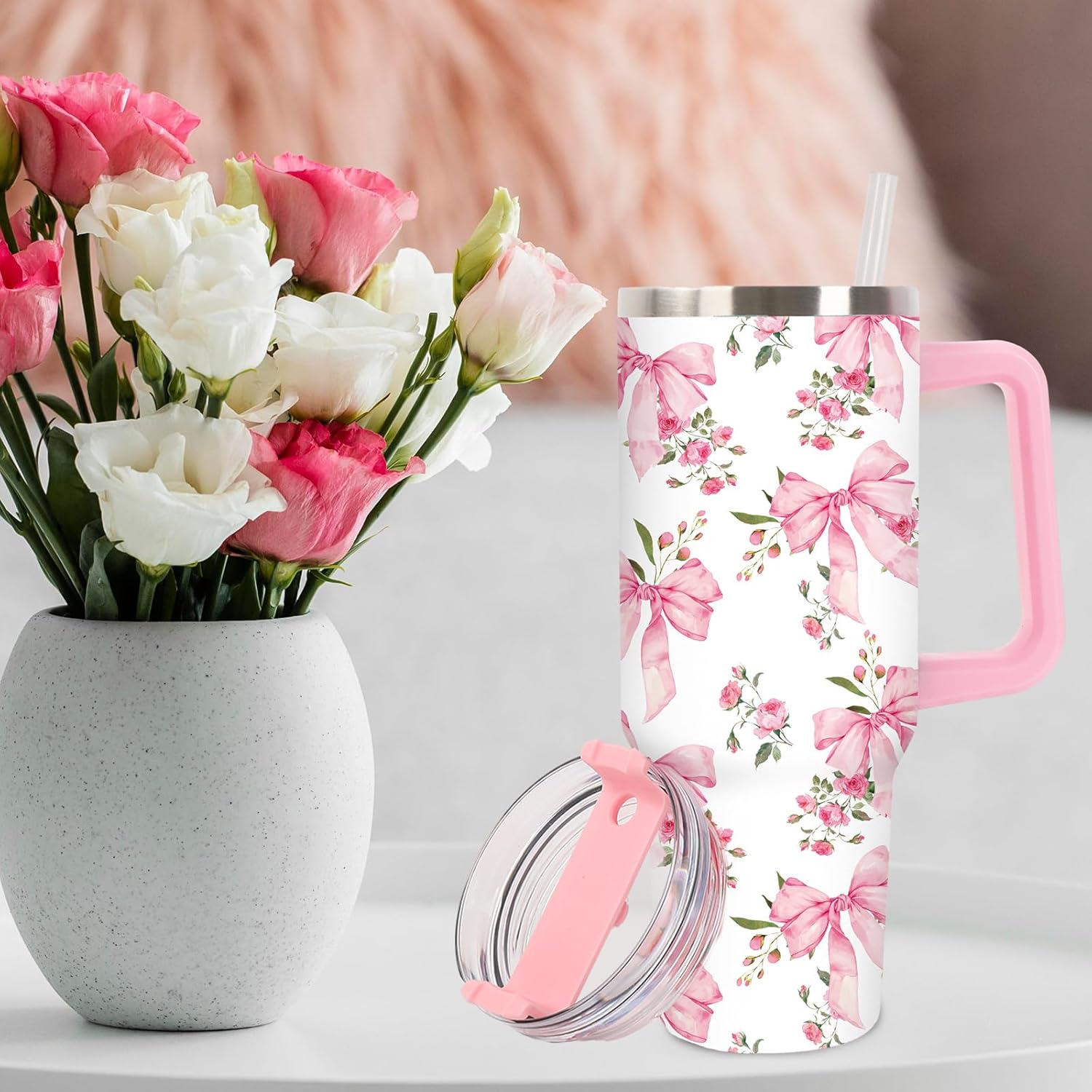 JarThenaAMCS 40oz Valentine Coquette Pink Bow Tumbler with Handle Lid and Straw Watercolor Floral Bowknot Tumbler Pink White Flower Stainless Steel Cup for Women Friend Holiday Birthday Travel - Image 7