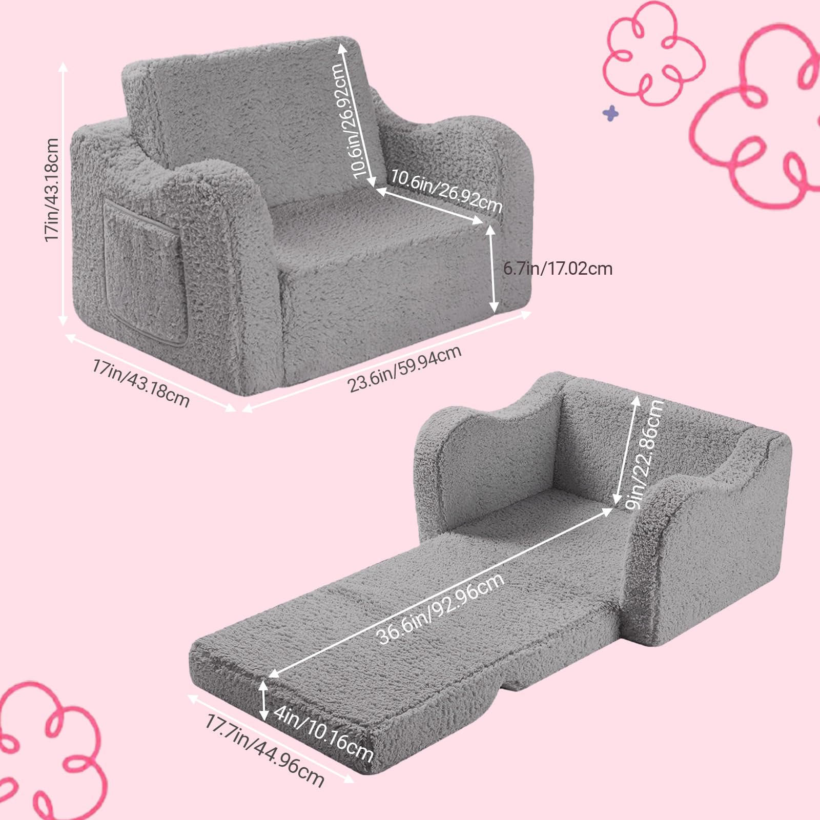 Poltroncina per Bambini 2 in 1, Poltrona Bambini Pieghevole, Poltroncina Bimbi Con Rivestimento Sfoderabile, Poltrona Bambina Bambino