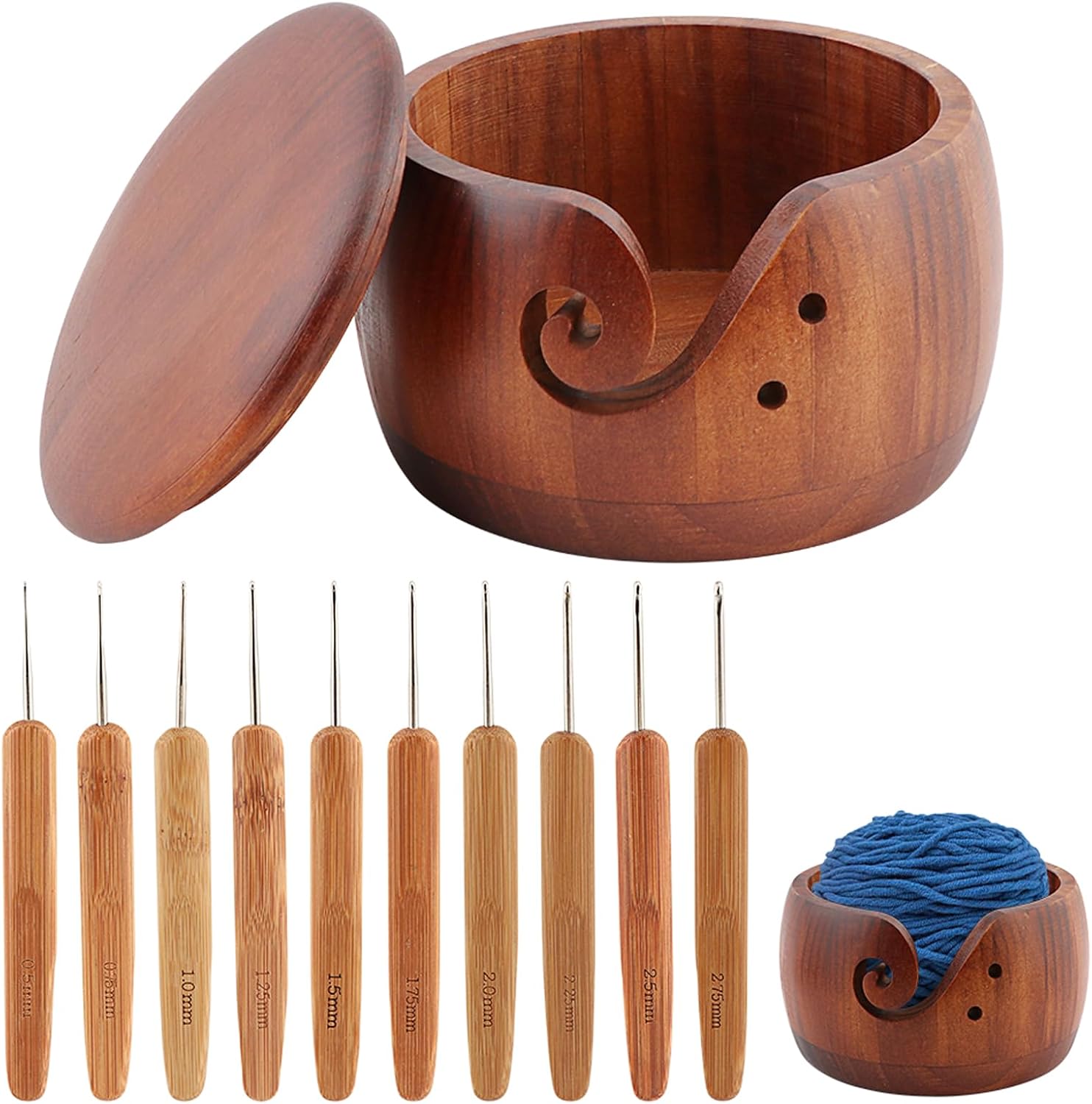 Multifunctional Wooden Yarn Bowl with Holes Storage,Crochet Hooks,DIY Natural Embroidery Crocheting Storage(Dark Brown)