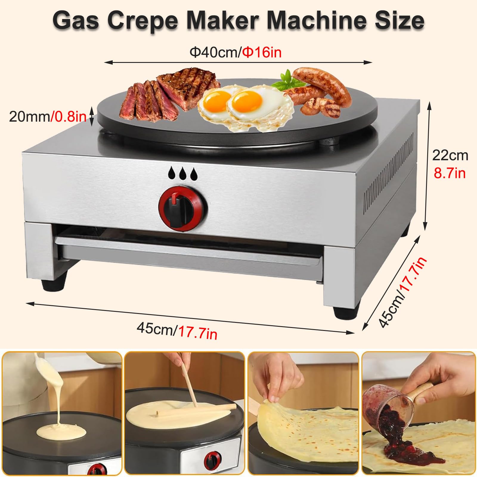 Crepera y Plancha para Cocinar, Antiadherente, 40cm/16 Pulgadas, Sartén para Tortillas de Escritorio para Uso Doméstico y Comercial con Cajón,Gas