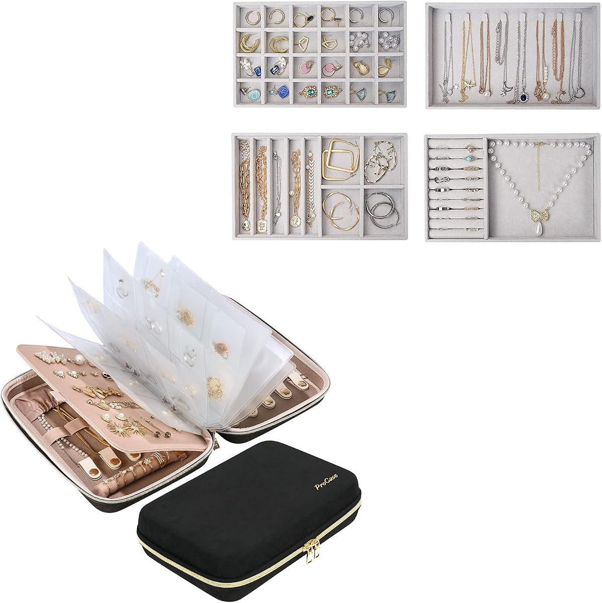 Paquete de bandejas apilables para joyas ProCase con organizador de joyas de viaje grande