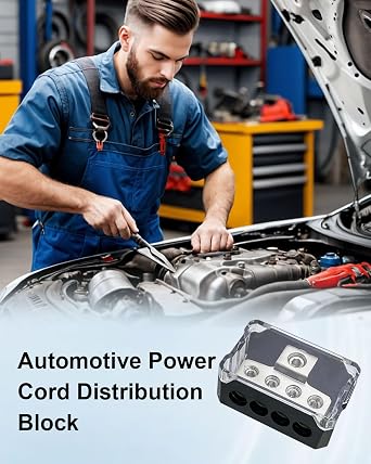 4-Way Power Distribution Block, 0/2/4 Gauge In 4/8/10 Out | 1 in 4 Out Power Distribution Connecting Block, 0/2/4 Gauge In 4/8/10 Gauge Out, Fits Car Stereo Amplifier & Sound System