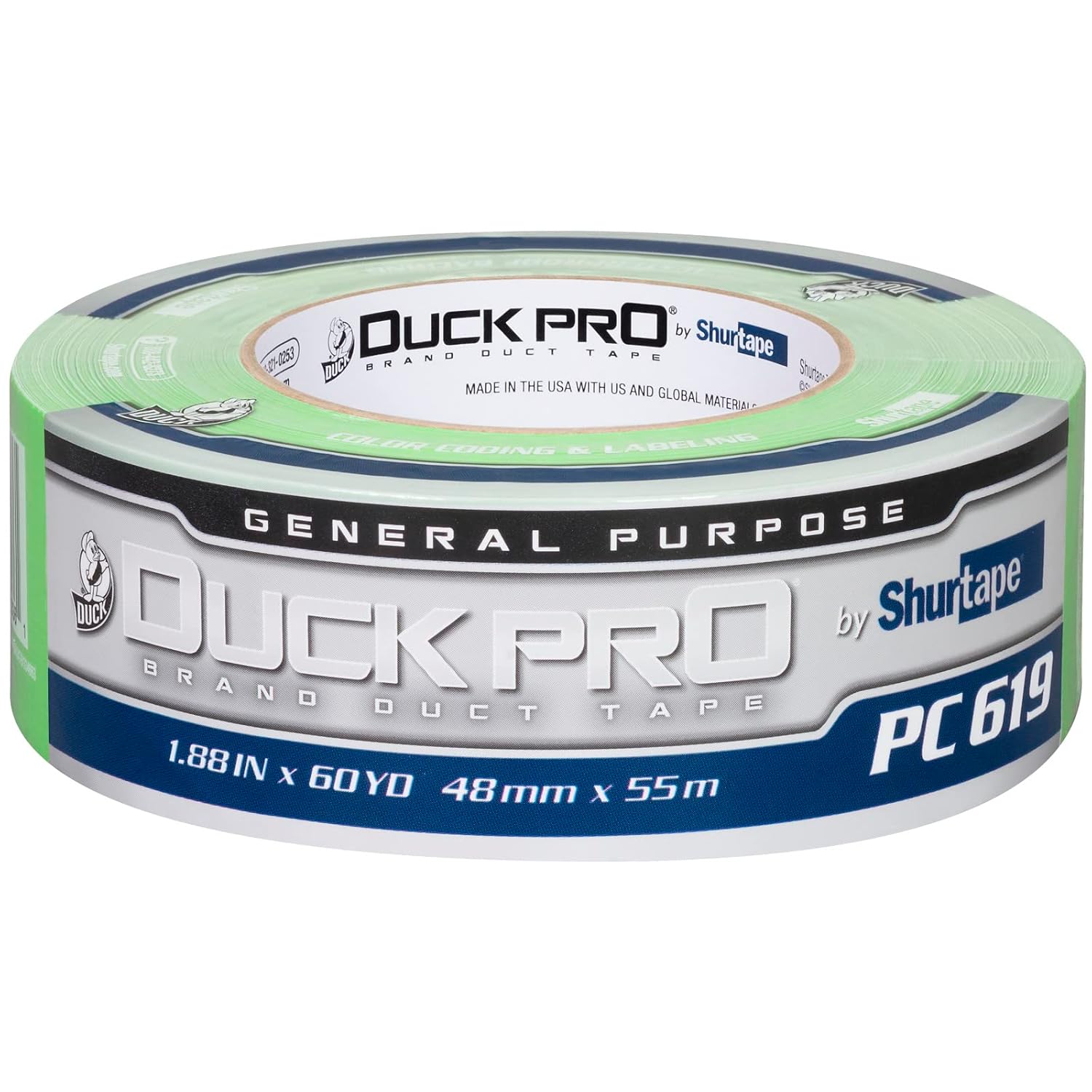 Duck Pro by Shurtape General Purpose Grade, Specialty Grade, Fluorescent Cloth Duct Tape for Labeling, Floor Marking and Book Binding, 48mm x 60yd, 9.0 mil, Fluorescent Green, 1 Roll (105484)