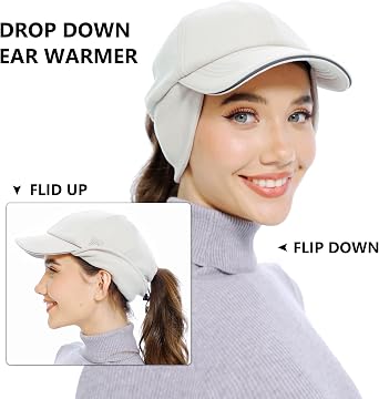 GADIEMKENSD Women's Fleece Ponytail Hat - Reflective Winter Hat with Flip Down Ear Warmer, Vertical Ponytail Hole, Adjustable