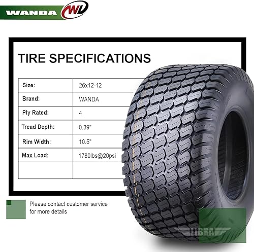 Miniatura 3 de WANDA 26X12-12 Lawn Mower Tractor Cart Turf Tires 4 Ply 26x12x12 -Set 2-13056