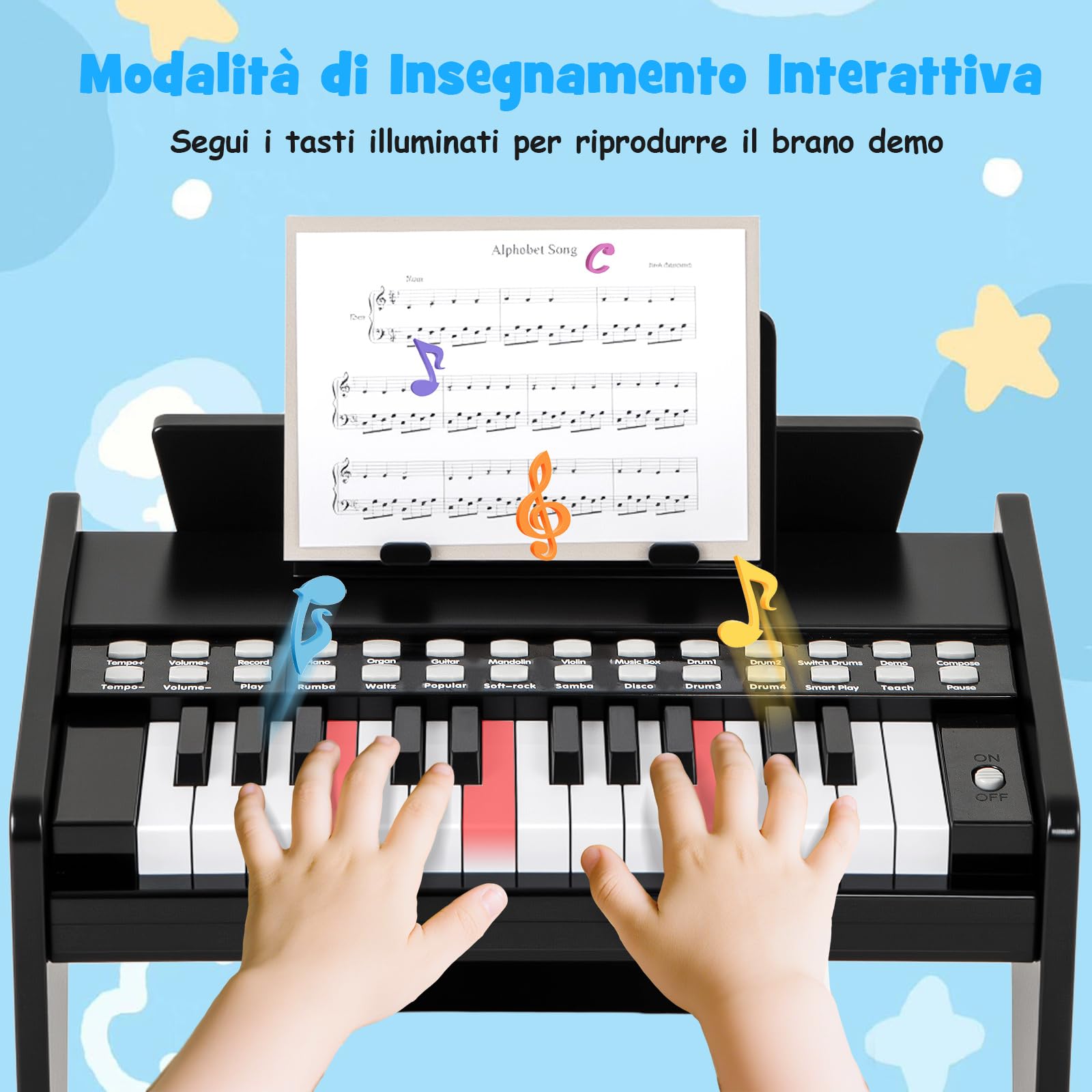 COSTWAY Tastiera Pianoforte per Bambini a 25 Tasti, Mini Pianoforte Digitale Giocattolo, con Velocità e Volume Regolabili, Tasto Luminoso e Leggio, Modalità Didattica, per 3+ Anni (Nero)