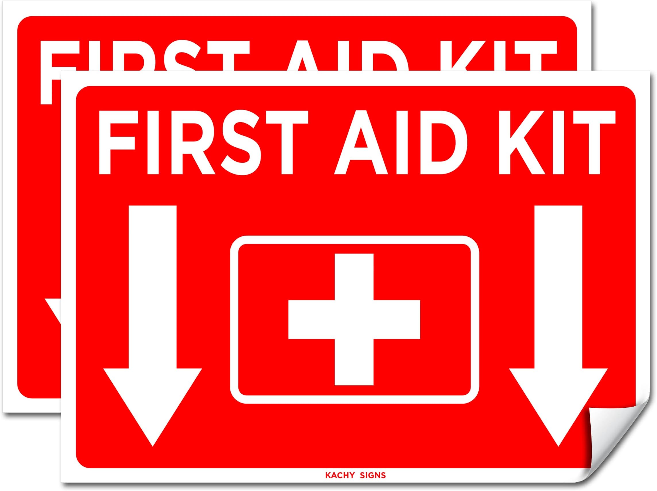(Set of 2) First Aid Kit Sign - 10" x 7" 4 Mil Vinyl - LAMINATED For Ultimate Protection & Durability - Self Adhesive Decal - UV Protected & Weatherproof - Heavy Duty