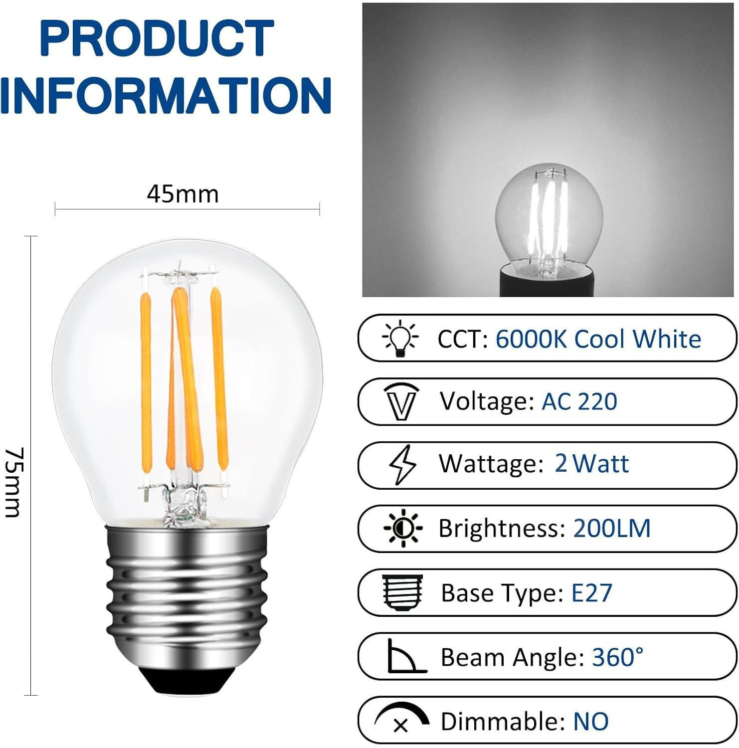 lampadina, Lampadina a filamento LED E27 G45 2W, AC 220V, 200LM, lampadine a(White)