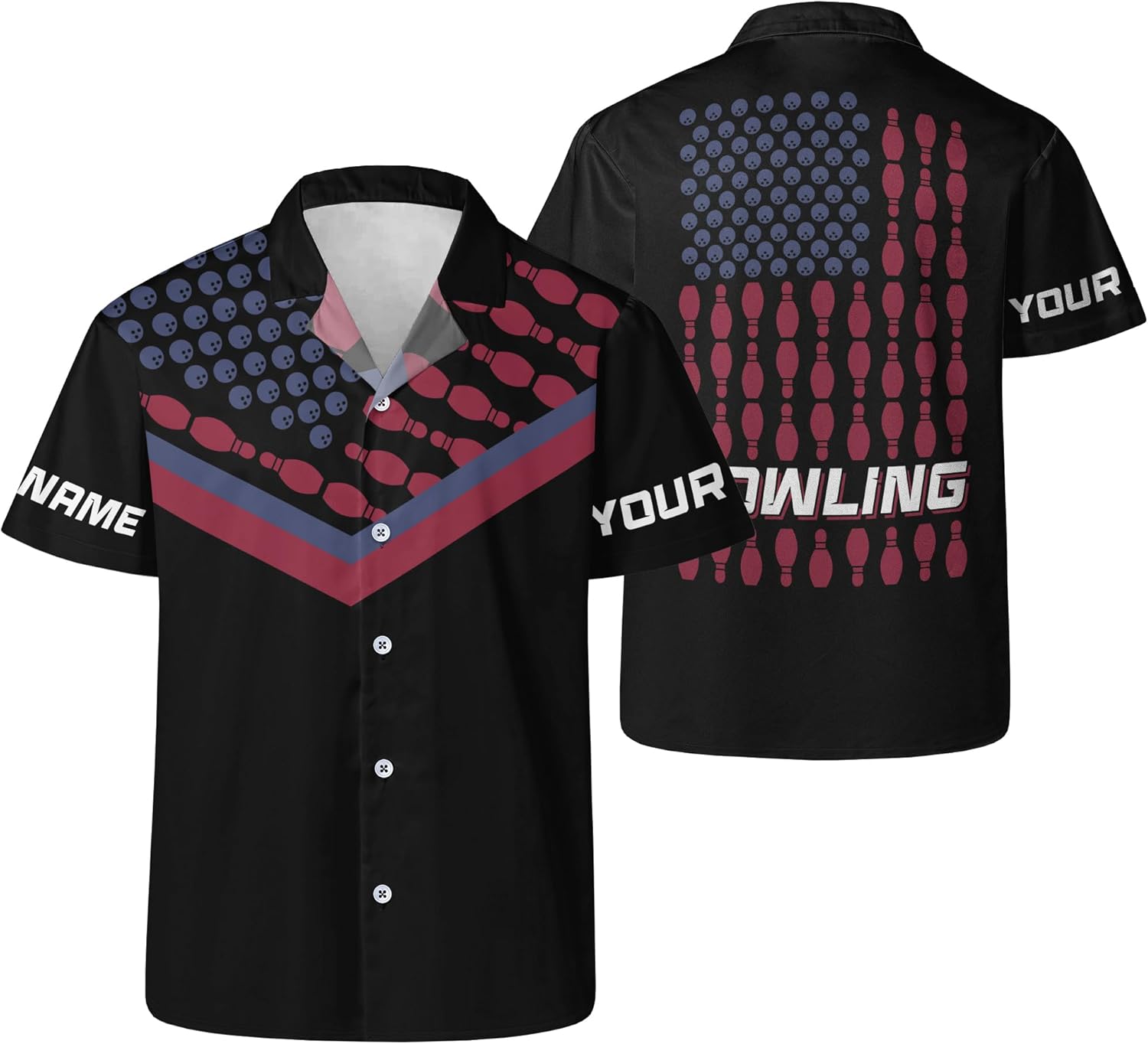 Mens Bowling Themed Hawaiian Shirt Personalize Bowling Aloha T-Shirt with Team Name Vacation Button Down Shirt