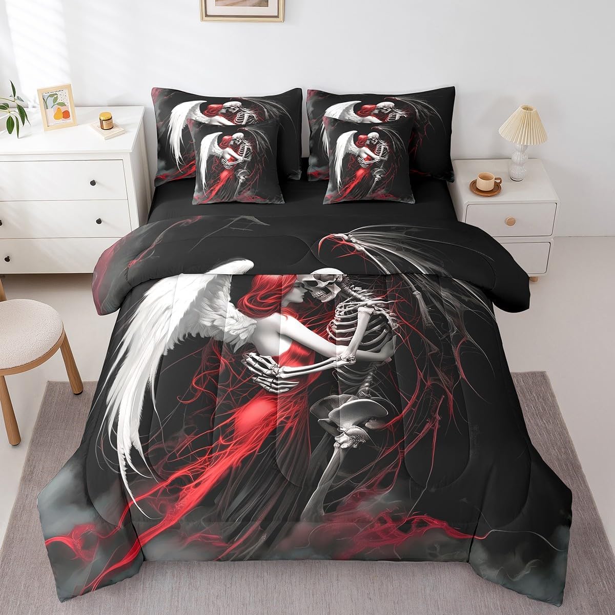 Erosebridal Gothic Skull Couple Bedding Set,Valentine's Day Bed in A Bag 7 Pcs Skull Skeleton Queen Comforter Set Red Black Angel Skeleton Sheet Set with Comforter for Men Women Room Decor