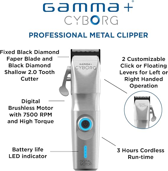 GAMMA+ Cyborg Professional Metal Cordless Ergonomic Trimmer with Digital Brushless Motor