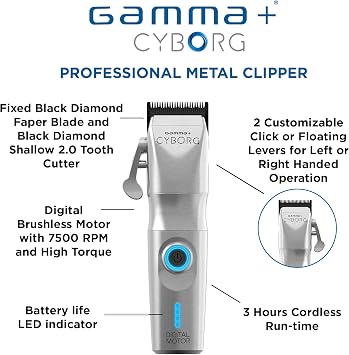 GAMMA+ Cyborg Professional Metal Cordless Ergonomic Trimmer with Digital Brushless Motor